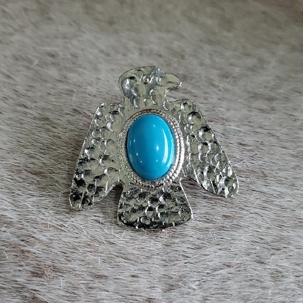 Vintage Silver and Blue Eagle Bird Brooch Western Cowgirl Boho